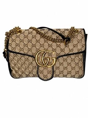 Gucci GG Marmont Large Canvas Chain Shoulder Bag Beige Black